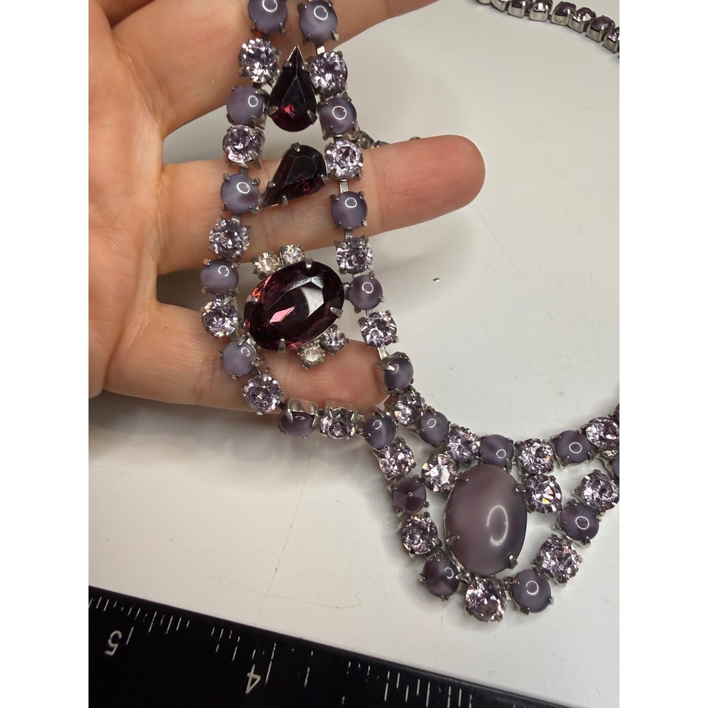 Purple Rhinestone Moonstone Cabochon Statement Bib Necklace Silver Tone 16in